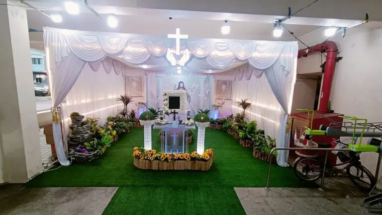 Roman catholic funeral altar and cross wide view