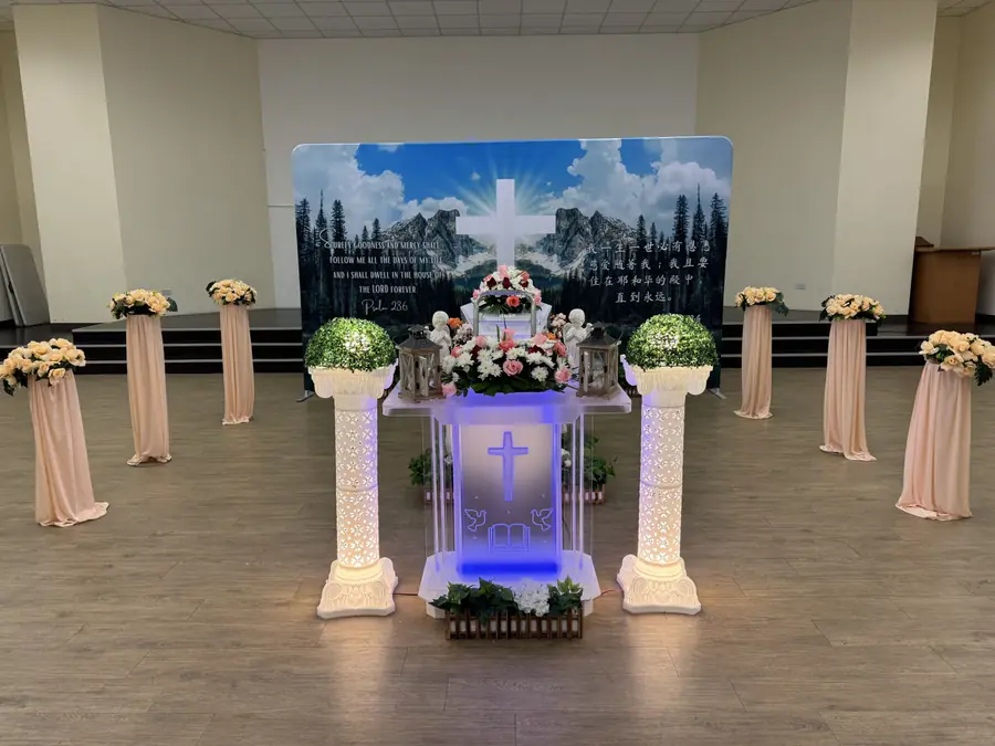Christian funeral memorial altar symmetrical front view