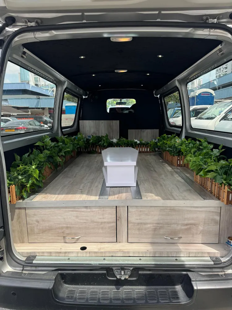 Interior of the hearse prepared for a Precious Angel service