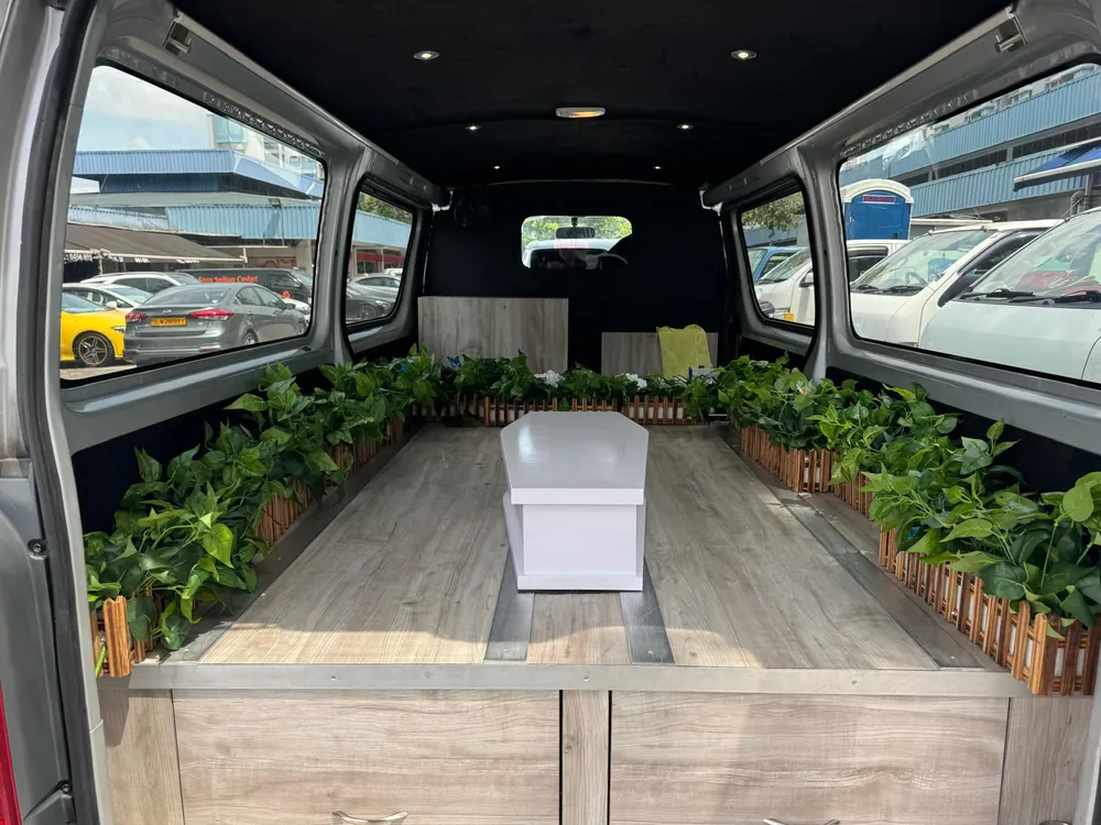 Rear compartment of the hearse for a Precious Angel service
