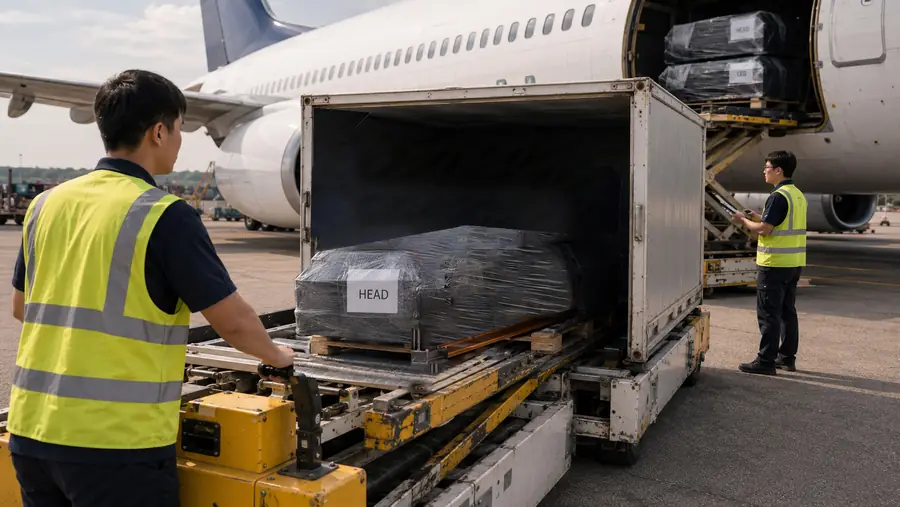 Airport staff loading repatriation casket with body