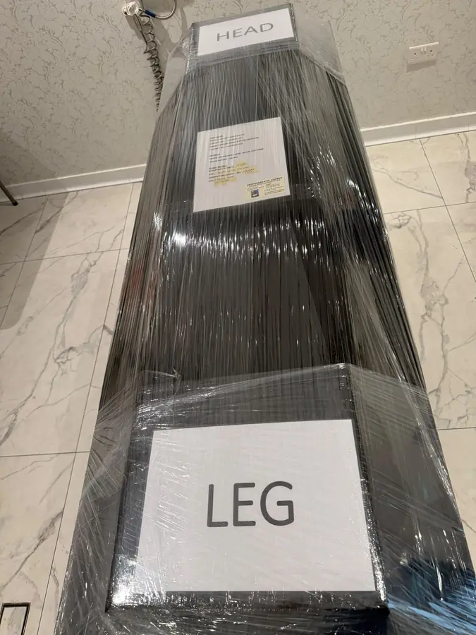 Repatriation coffin labelled for overseas transport
