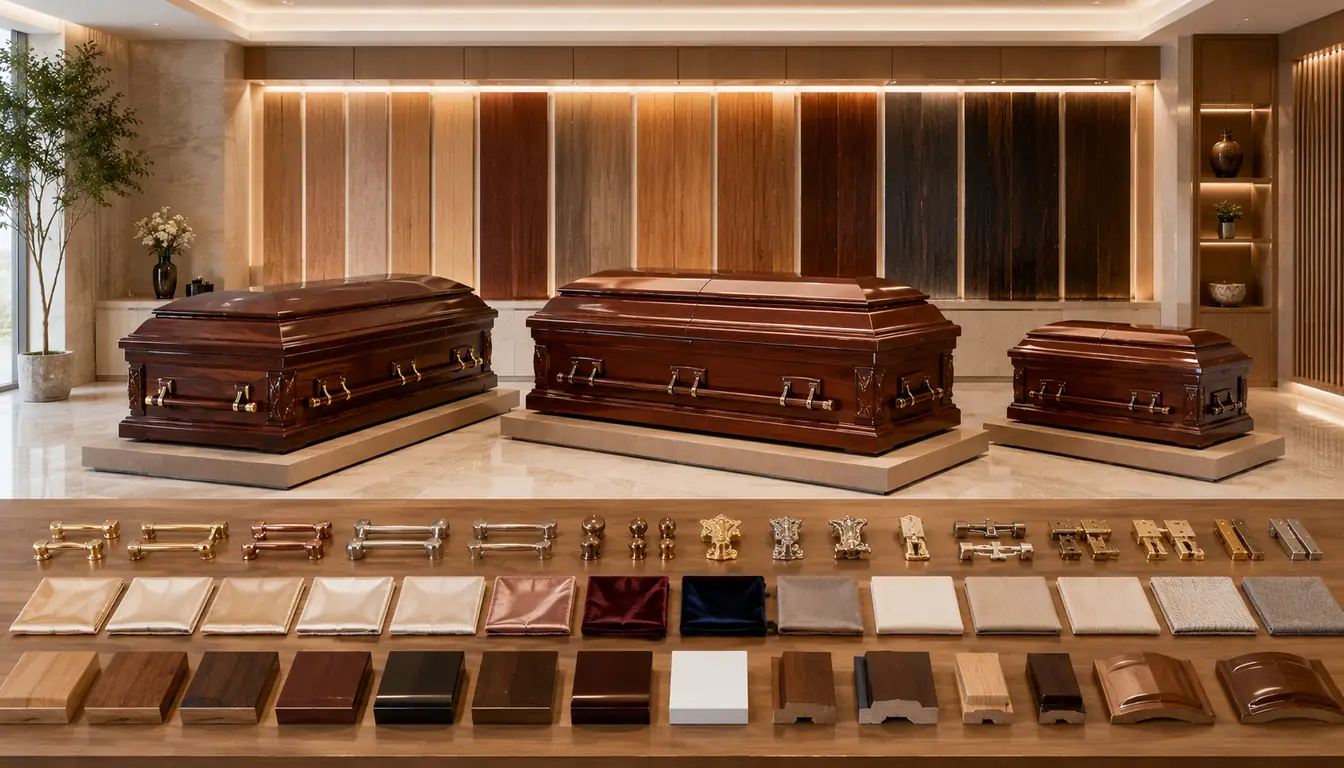 Casket display with a full range of handle hardware, fabric linings and wood trim finish samples