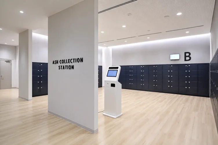 Interior of a modern Singapore columbarium with a clean wall of niches