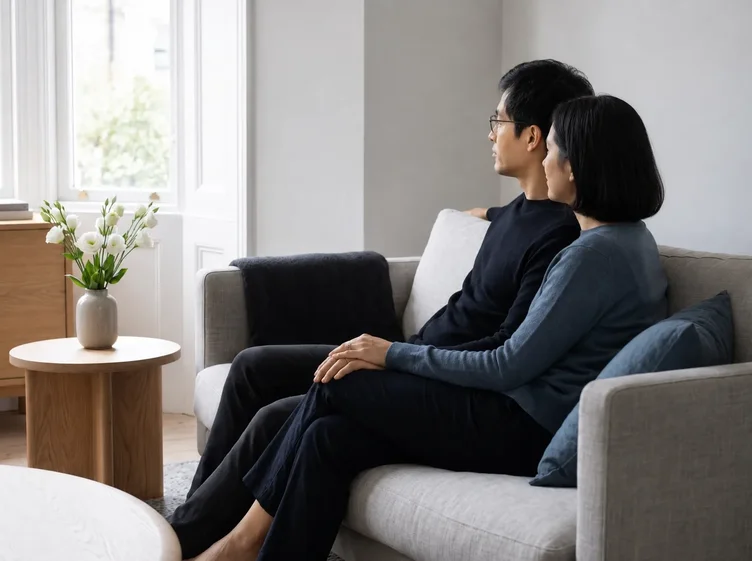 A close, quiet moment of family comfort at home, hands gently clasped together