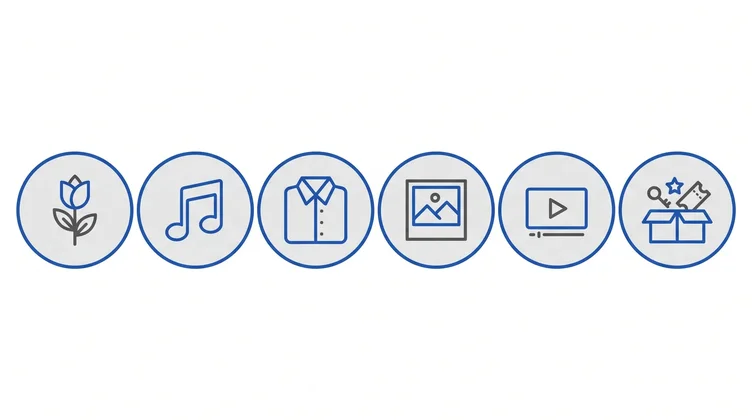 Icons representing six ways to personalise a direct funeral: flowers, music, clothing, photographs, video tributes and memory tables