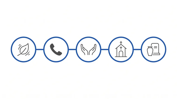 Timeline infographic showing the five phases of a direct funeral, from passing to disposition