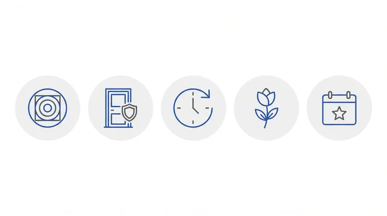 Icons representing who a direct funeral is suitable for: simplicity, privacy, efficiency, modest arrangements and flexible memorial planning