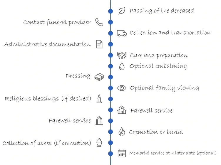 Detailed vertical timeline infographic showing the 14 typical steps of a direct funeral