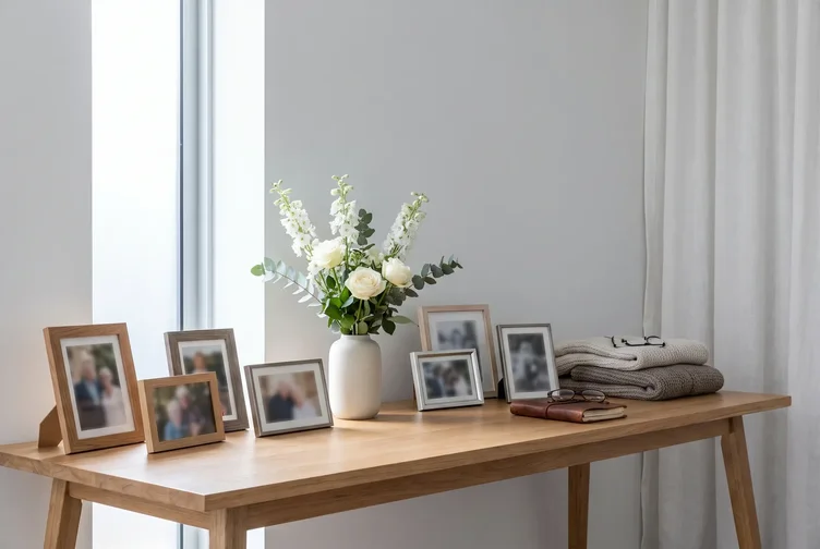 A tasteful memory table display with framed photographs and simple flowers