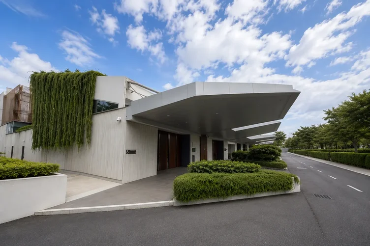 Exterior of a modern minimalist crematorium building in Singapore