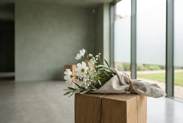 A simple, sustainable floral arrangement on a natural wood surface