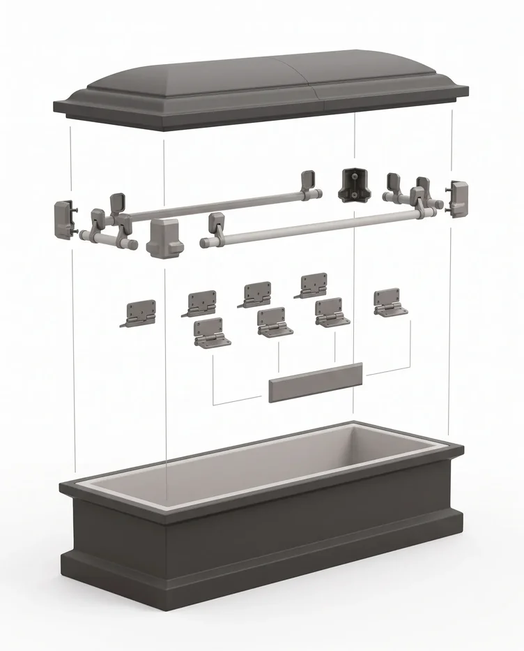 Exploded diagram of a casket showing lid, handles, hinges and nameplate positions