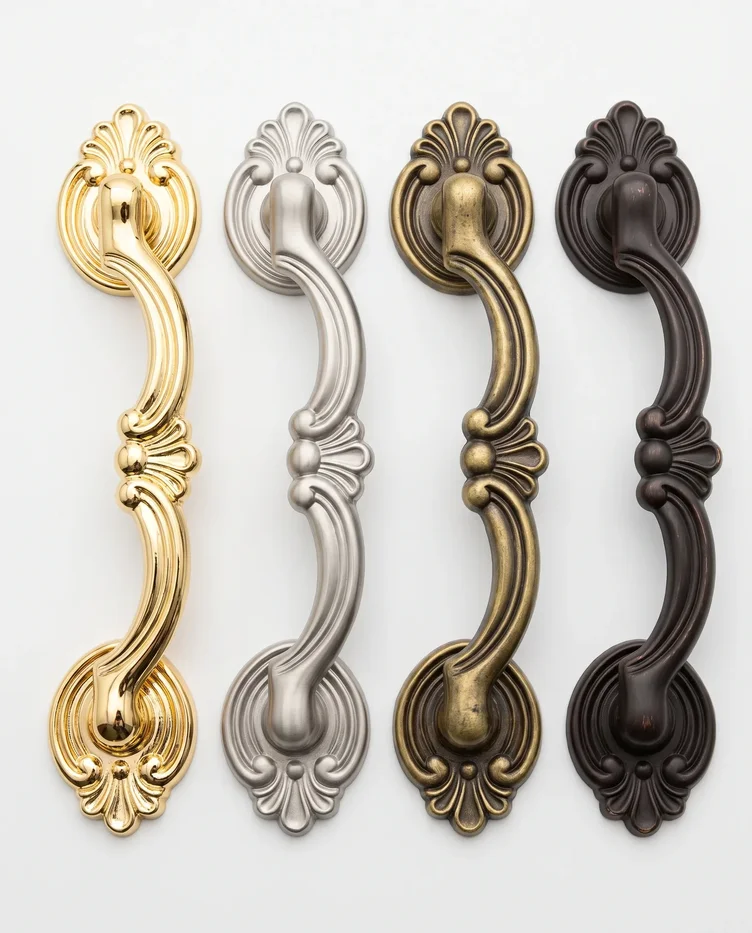 Close-up of casket handle hardware in gold, silver and antique brass finishes
