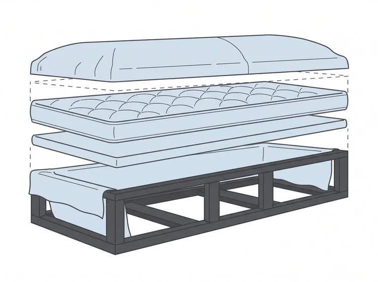 Cutaway diagram of casket interior construction showing mattress, padding and lining