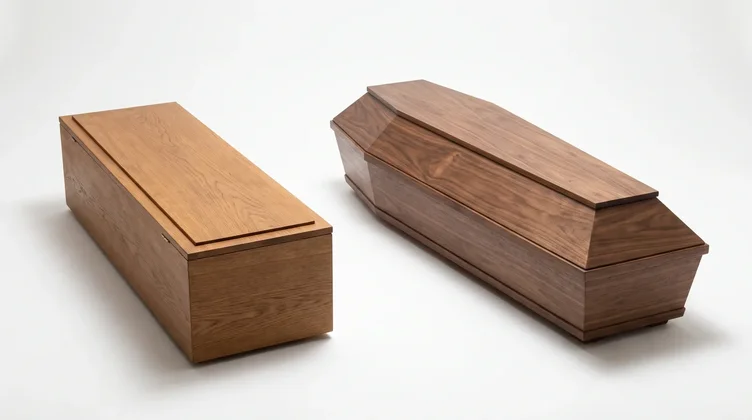 Side-by-side comparison of a casket's rectangular shape versus a coffin's six-sided tapered shape