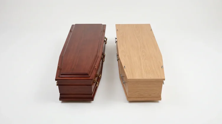 Side-by-side comparison of a cremation casket and a burial casket