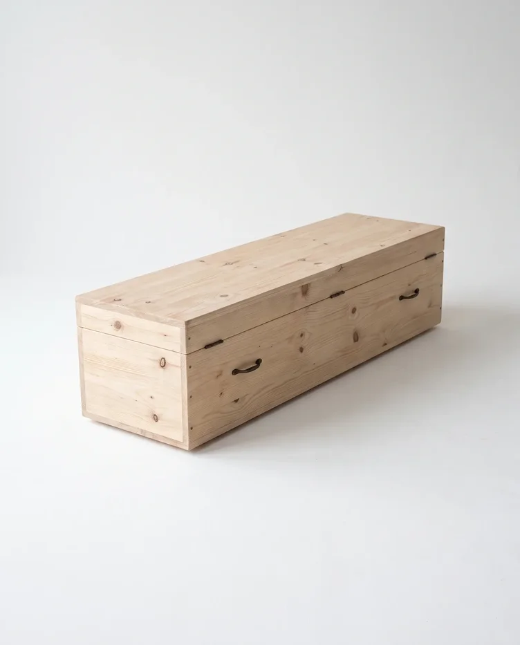 An eco-friendly casket made from sustainably sourced timber with a simple natural finish