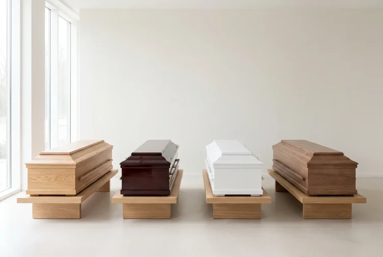 A row of different Singapore casket types on display, showing variety of finishes