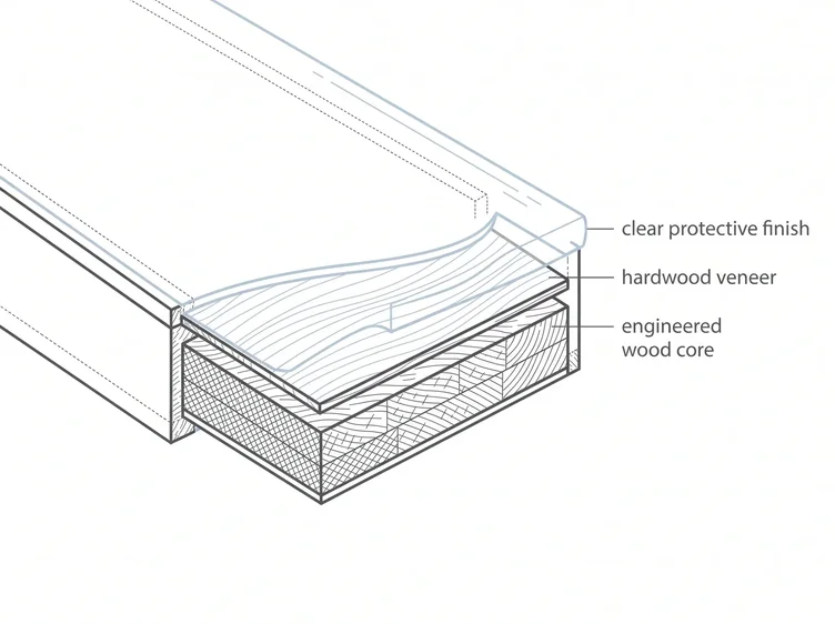 Cutaway diagram showing the layered construction of a veneer casket panel