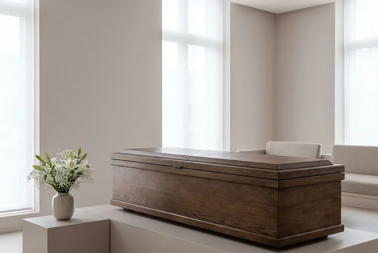 A Singapore casket set up for a funeral wake with simple floral arrangement