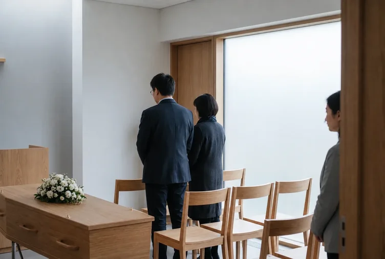 在简约现代礼堂内举行的简单直接殡葬仪式