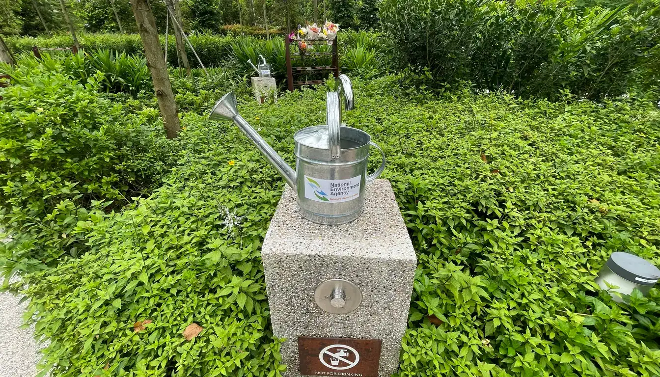宁静园水龙头、浇水壶与摆放悼念鲜花的献花架
